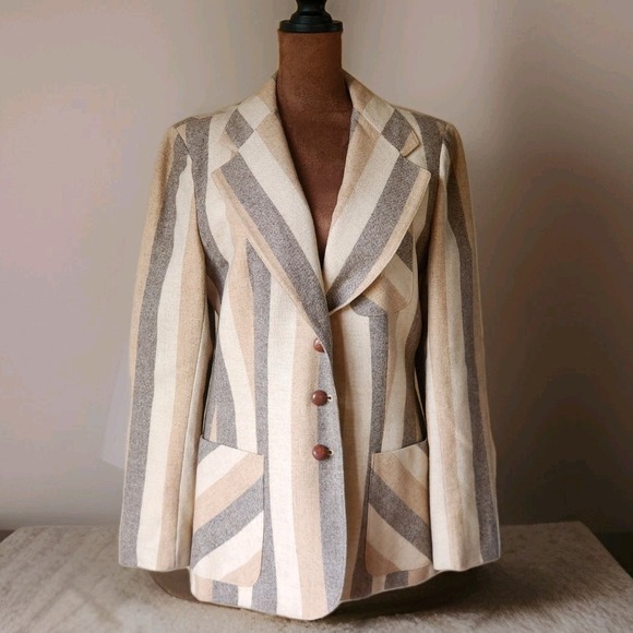 Vintage Wool Jacket Blazer Women's Size M Union Made USA Striped Neutral Classic - Picture 1 of 8